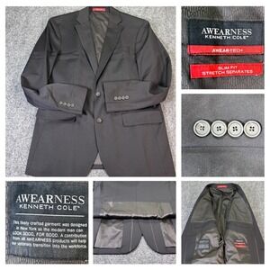Awearness Kenneth Cole Blazer Mens 40 Long Black Slim Fit Awear-Tech Wool Blend
